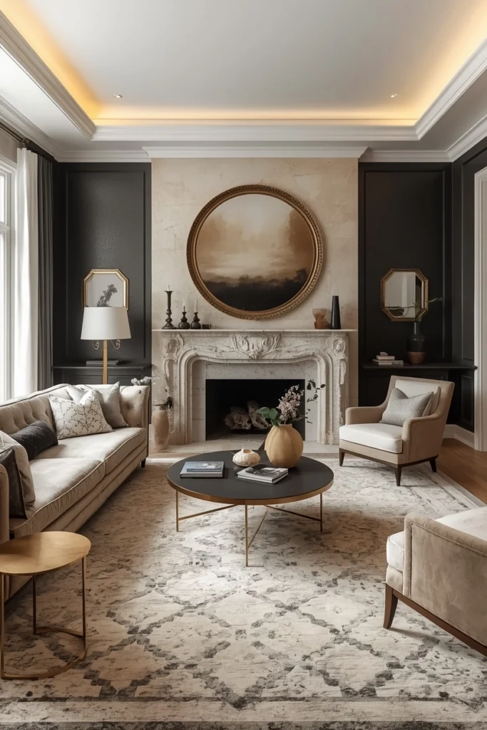 Two layered rugs styled correctly in a living room.