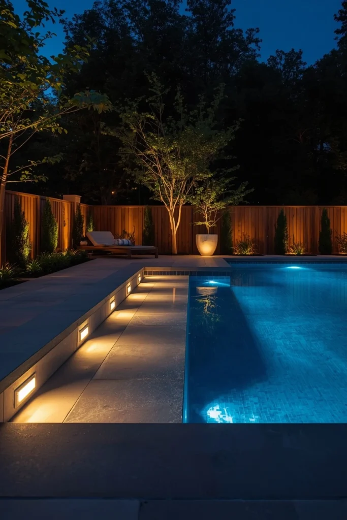 LED lights built into deck floor beside pool