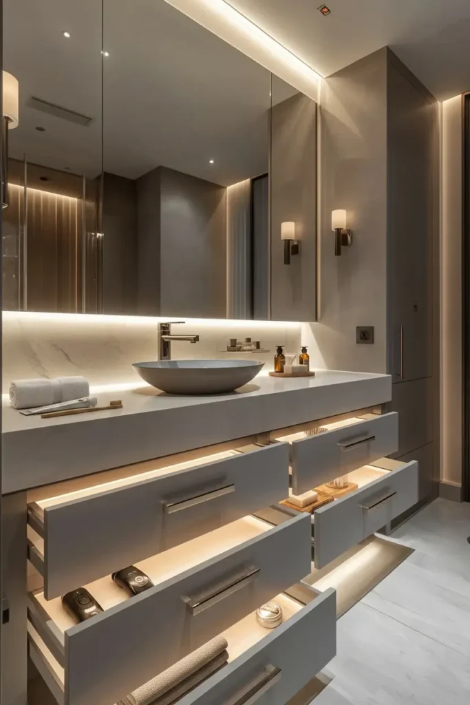 LED lights glowing inside an organized vanity drawer