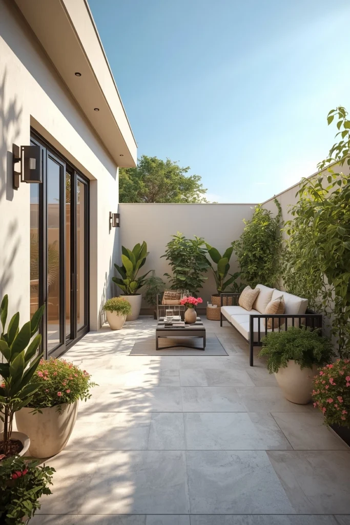 Large sandy light colored tiles on small summer patio