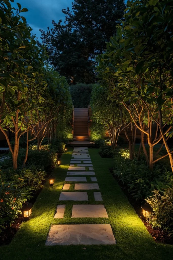 Warm white garden lights create a cozy evening atmosphere.