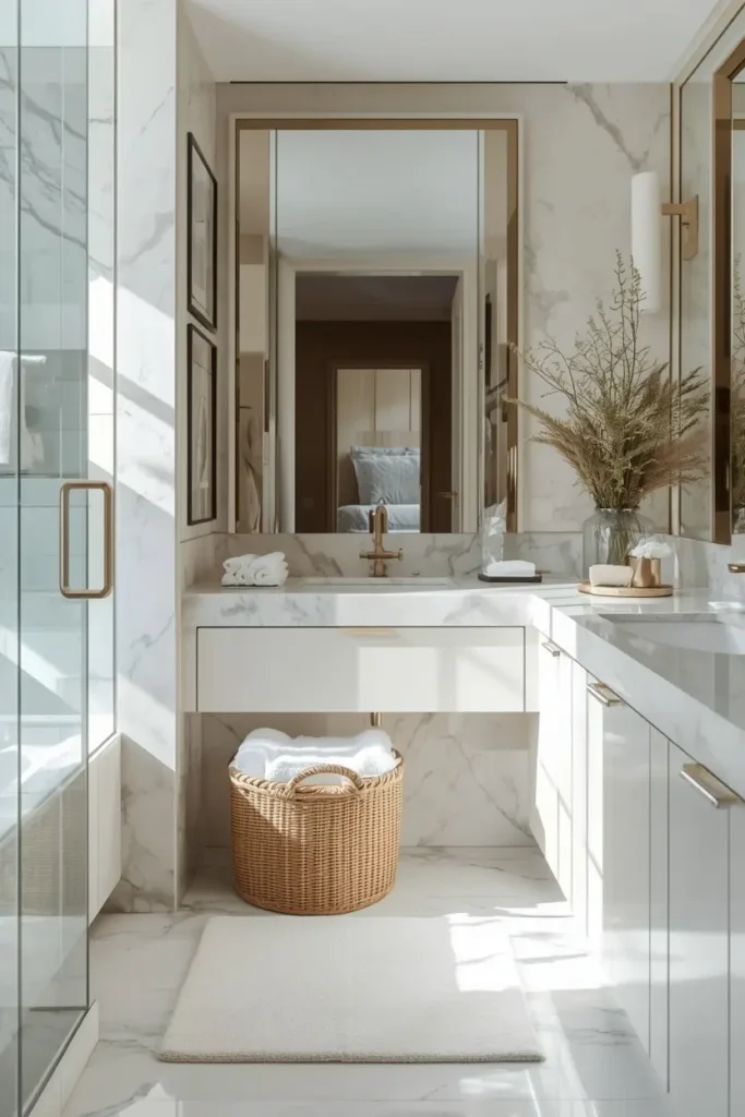 Soft linen basket holding rolled towels in bathroom