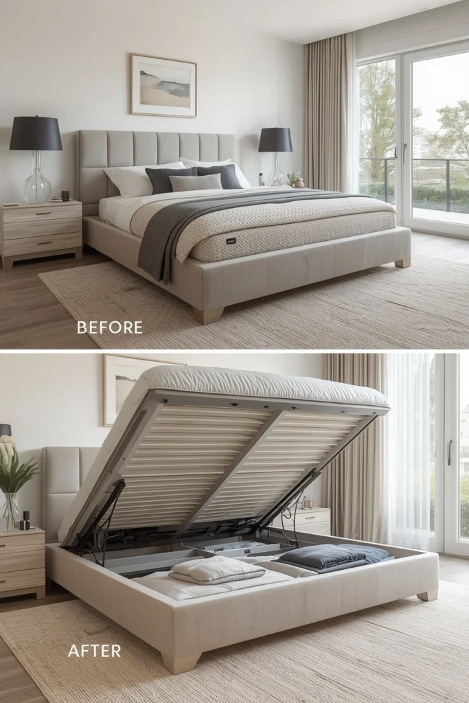 A clean linen storage bed features a hidden lift-up base.