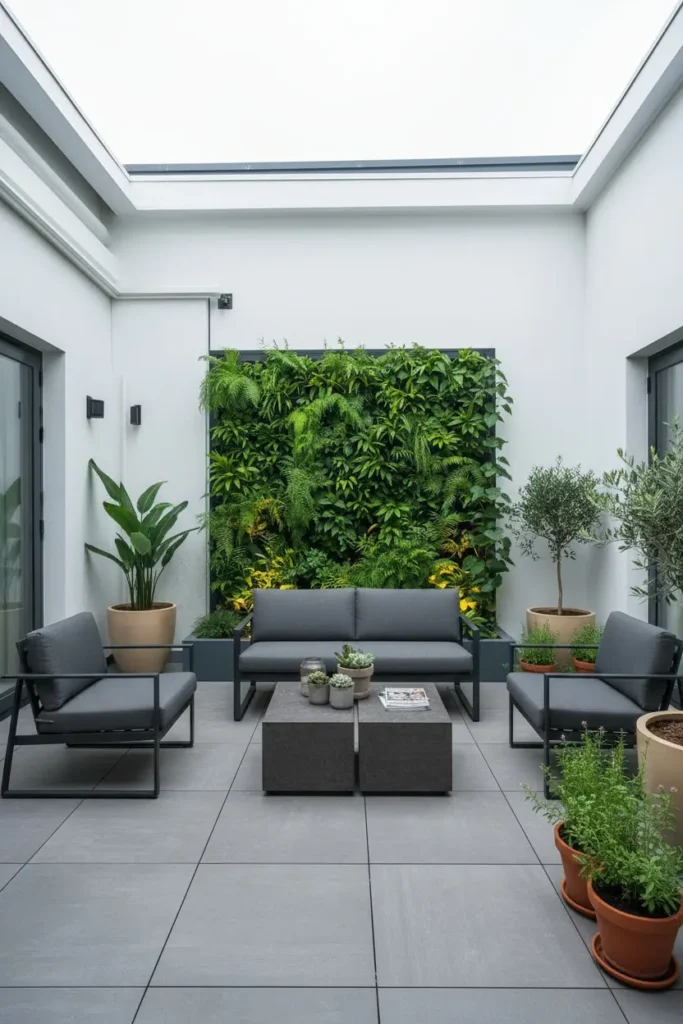 Lush vertical green wall covering modern terrace boundary wall