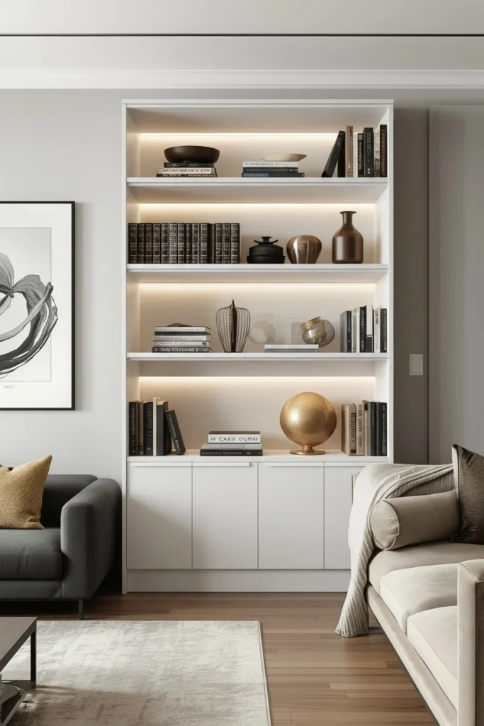 Low pale wood bookshelf sits beneath open empty walls.