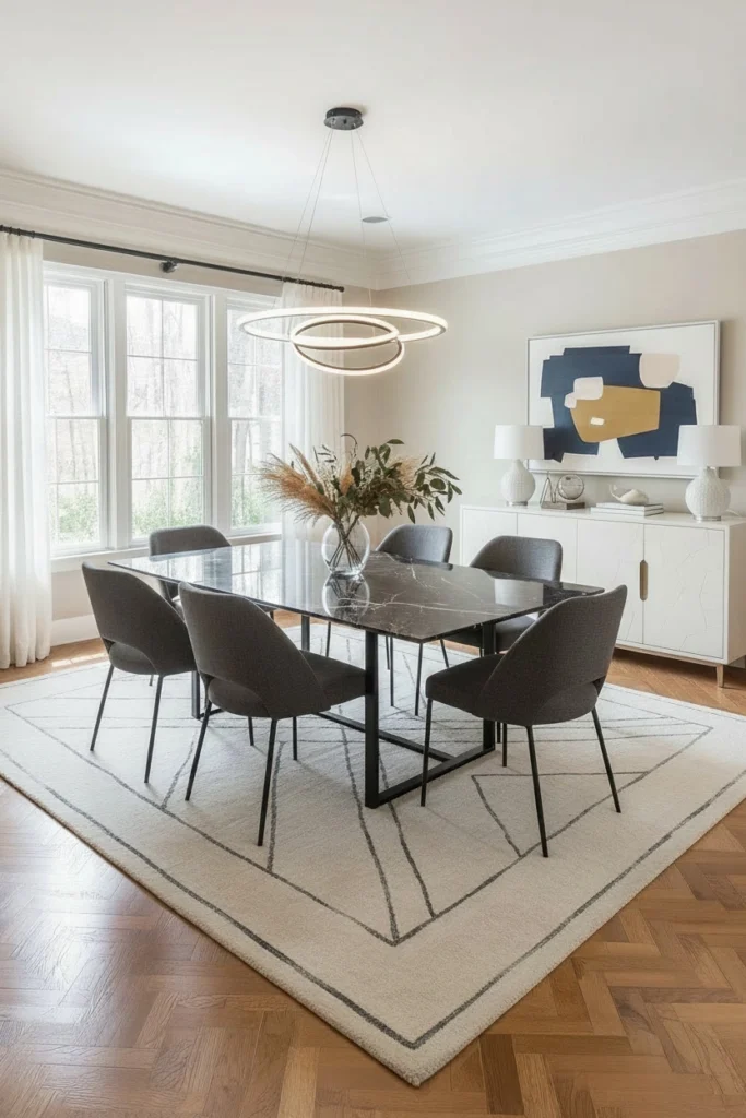 Low pile wool rug in modern dining room