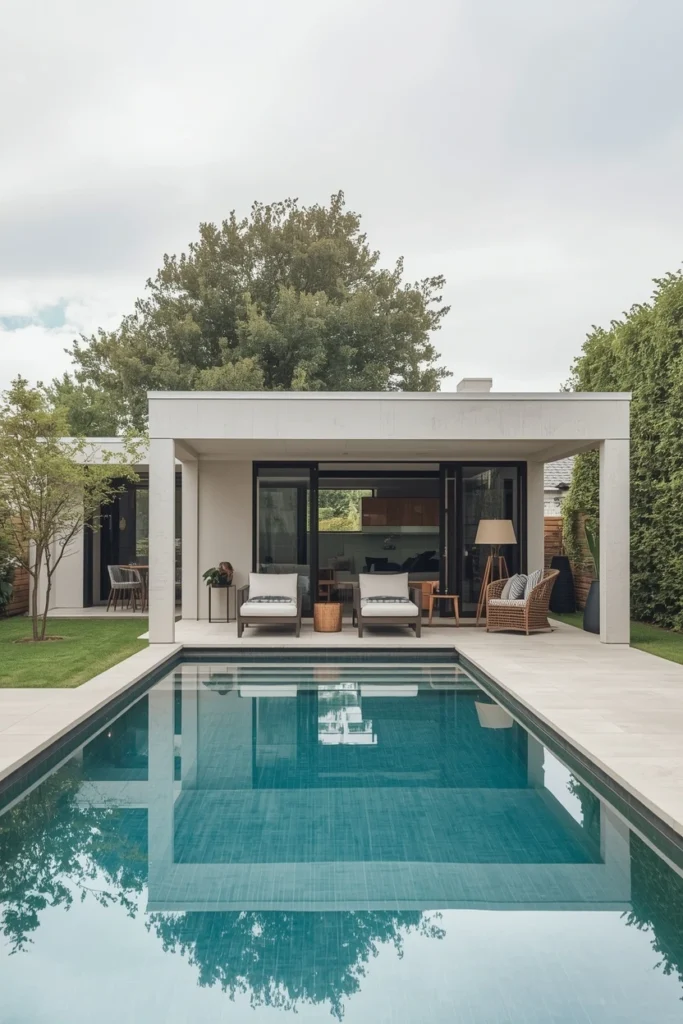 Pool area styled to match modern home design