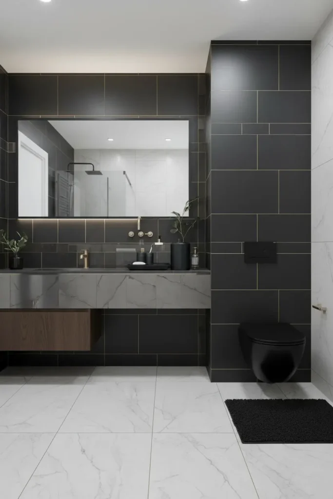 Matching matte black accessories on organized bathroom counter
