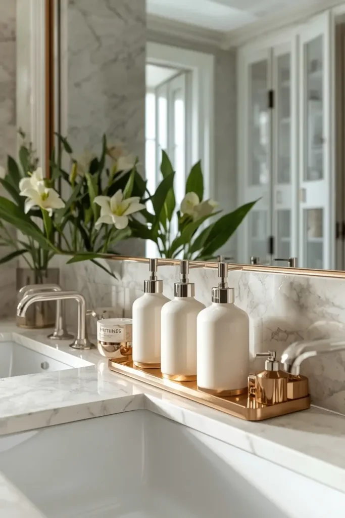 Matching dispenser bottles organized neatly on bathroom shelf