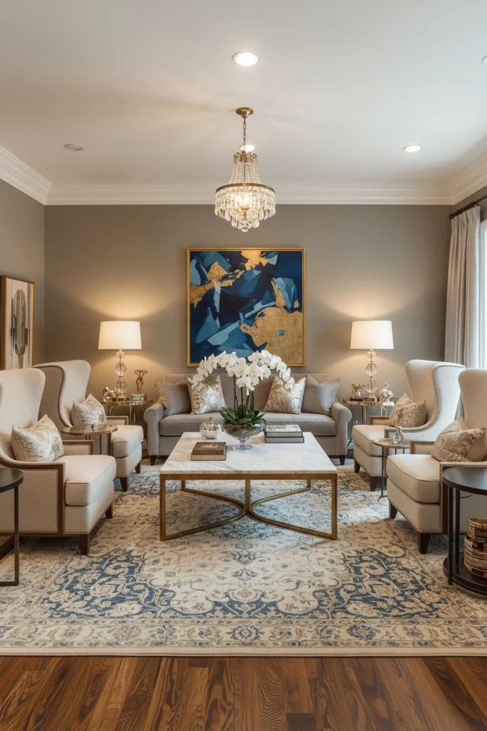 Matching chairs and lamps placed on both room sides.