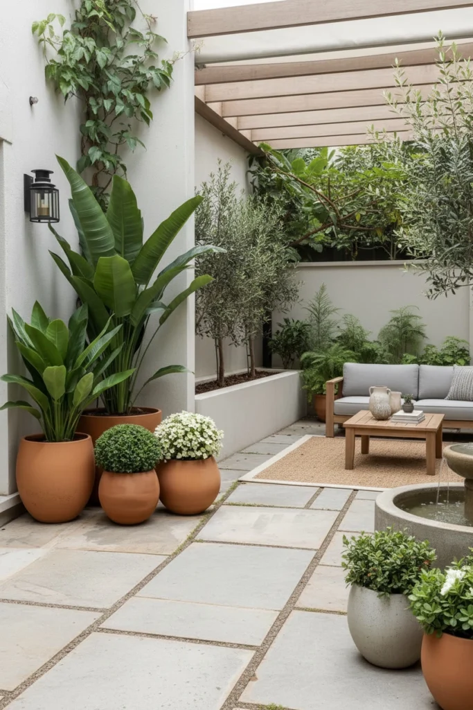 Matching matte terracotta pots on modern summer patio