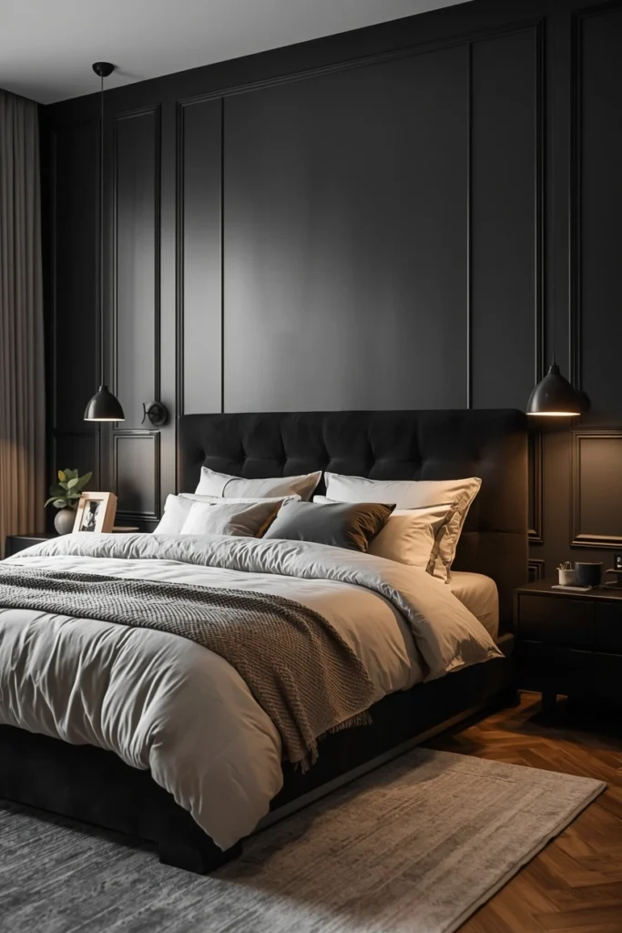 A bold matte black bed frame is softened with warm white bedding.