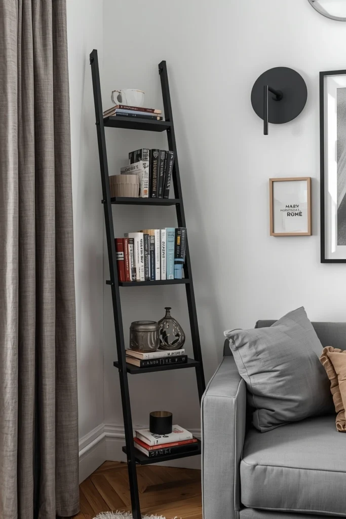 Matte black ladder bookshelf leans against a bedroom wall.