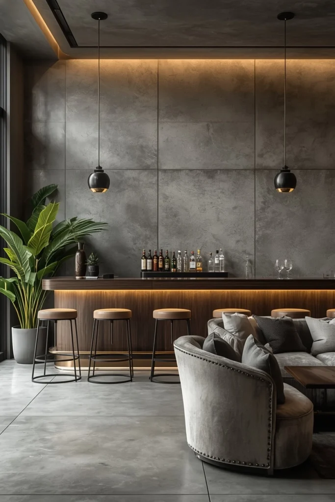 Smooth micro-cement wall finish in minimal home bar