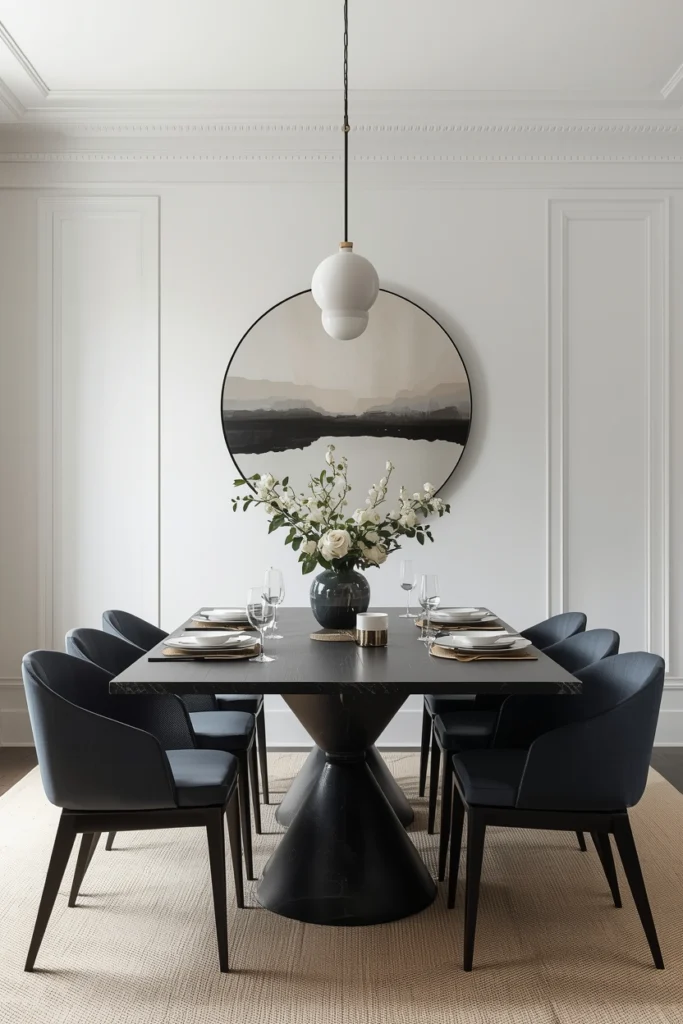 A clean minimal dining table with few styled objects.