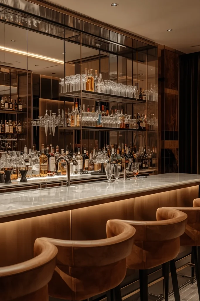 Smoked mirror wall with bar shelving and bottles