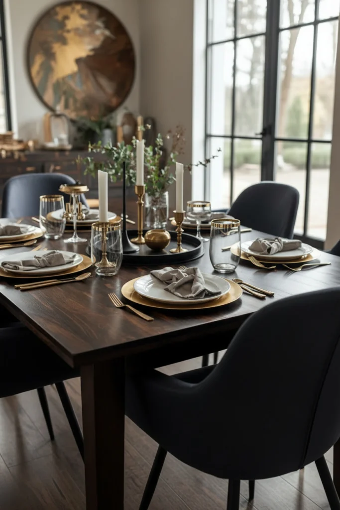Brass and matte black metal accents on dining table.