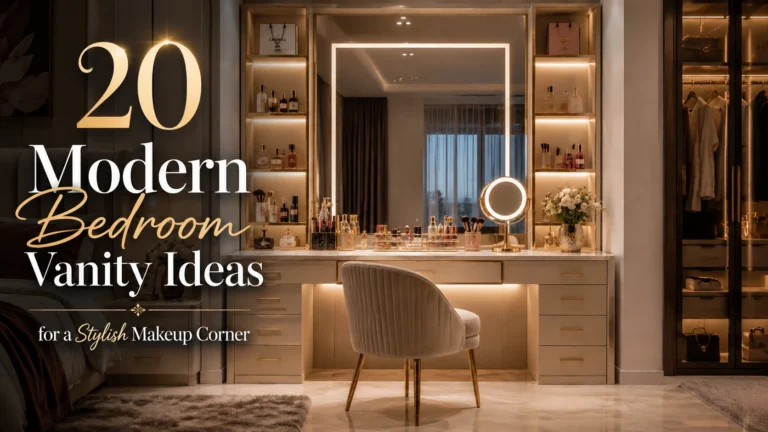 Modern bedroom vanity with mirror and lights