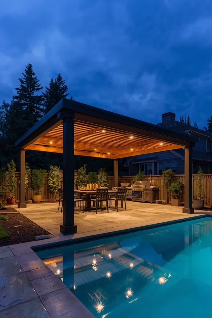 Modern aluminum pergola with roof panels over pool