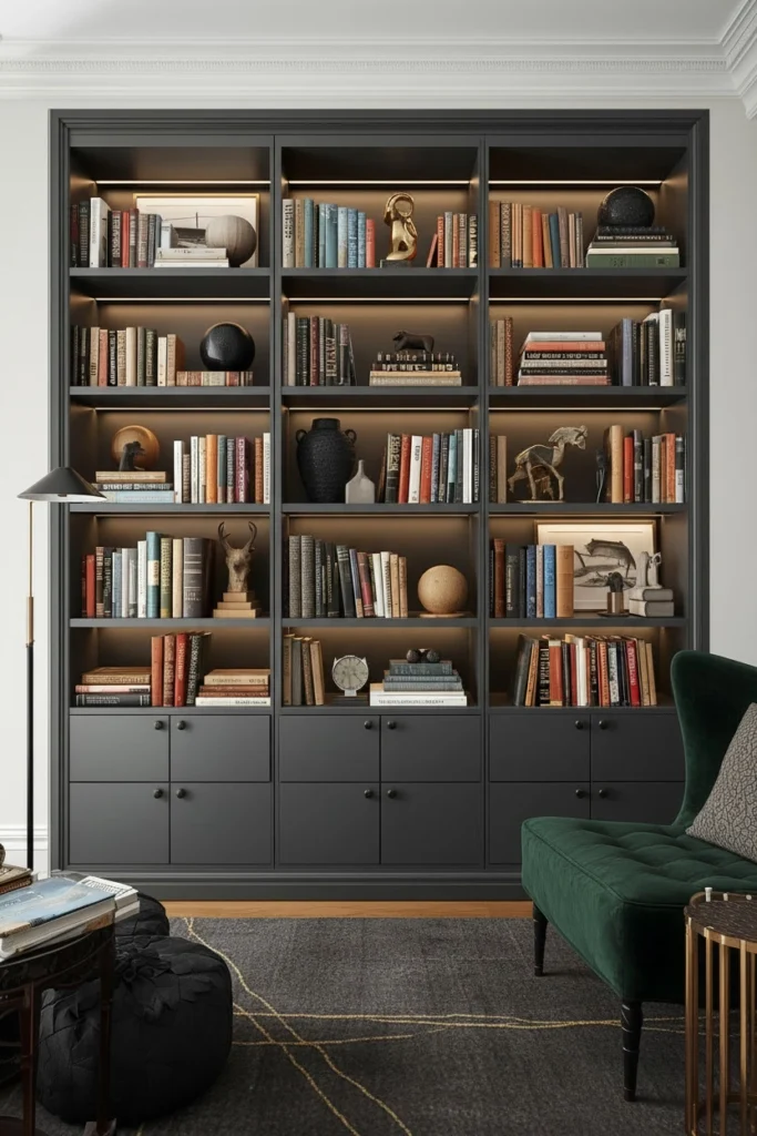 Modular bookshelf sections arranged in a custom wall layout.