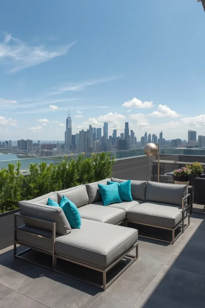 Grey modular outdoor sofa set on stylish modern terrace