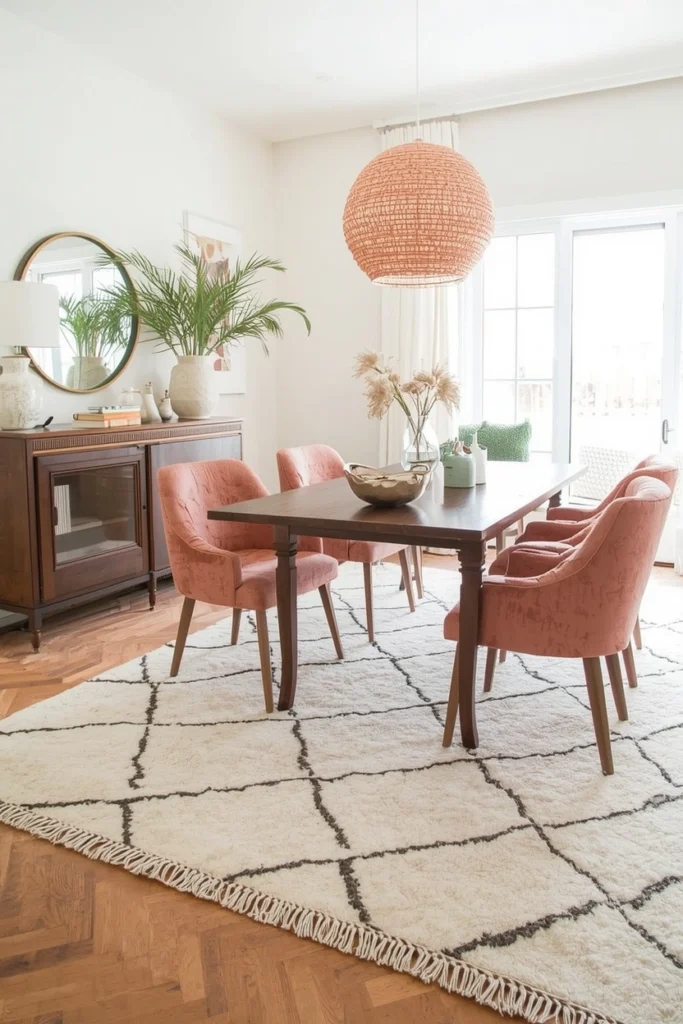 Cream Moroccan Beni Ourain rug under wood table