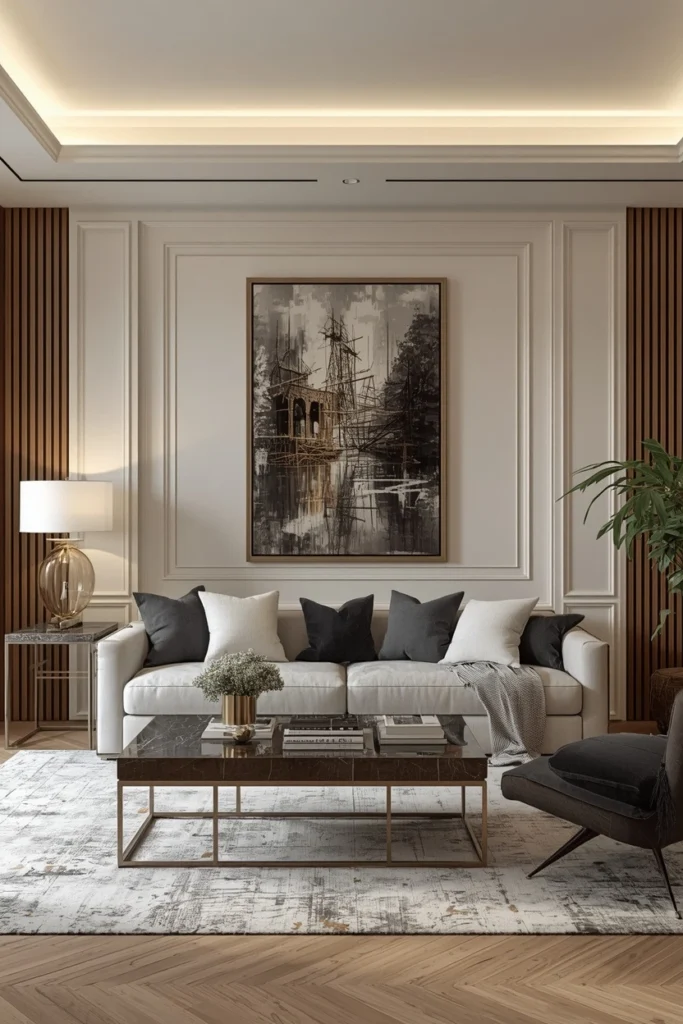 A sofa pulled forward creates depth behind it.