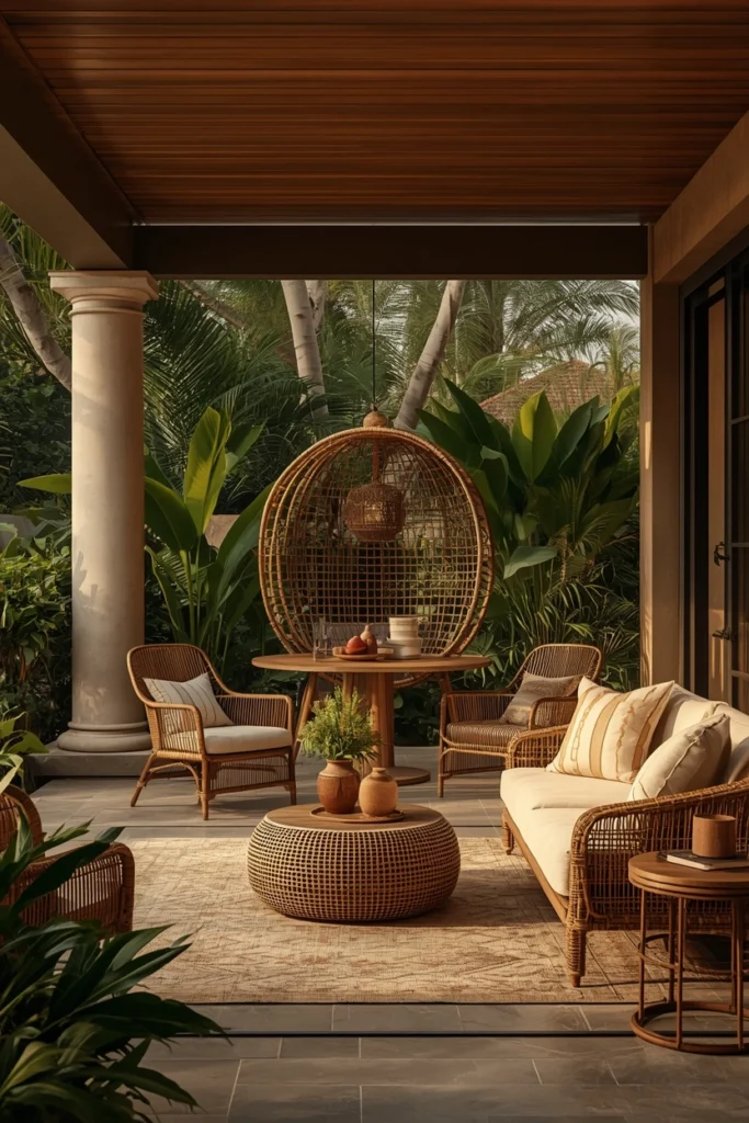Rattan and woven natural textures on summer patio