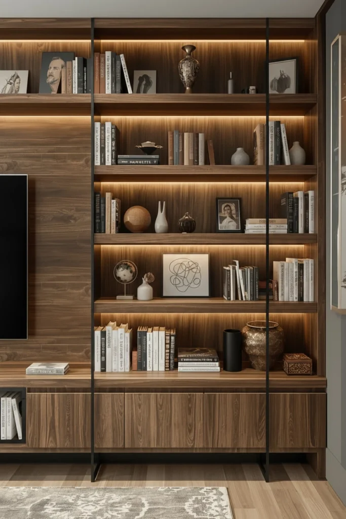 Natural oak floating shelves mounted cleanly on white wall.