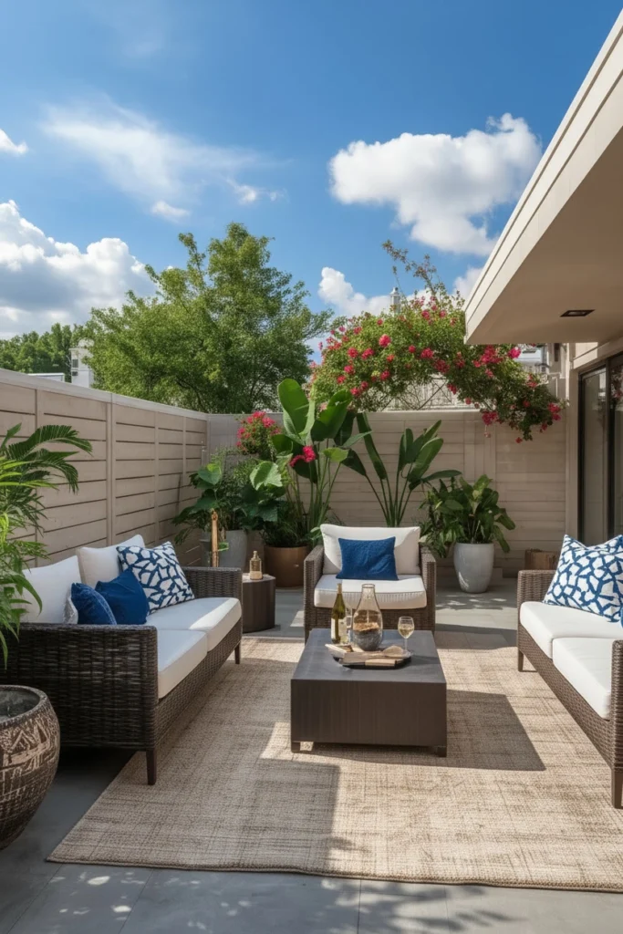 Neutral beige outdoor rug on small summer patio
