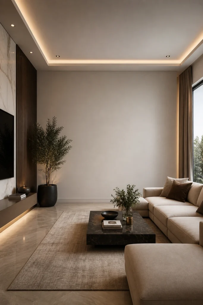 One completely bare wall in a clean small living room.