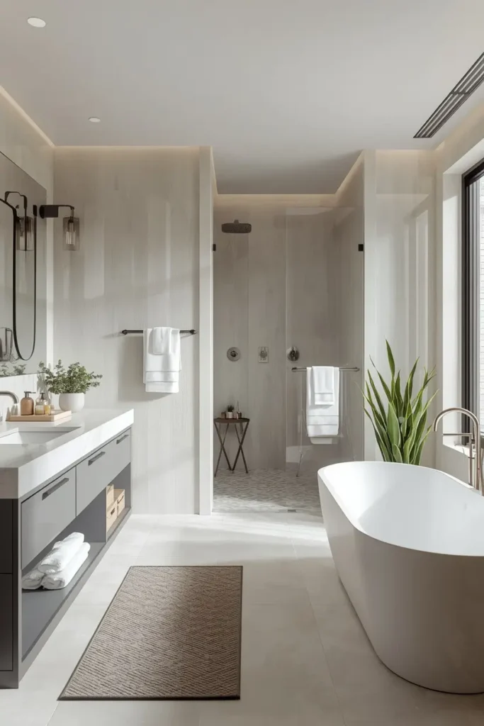 Organized bathroom shelf showing one-in one-out storage habit
