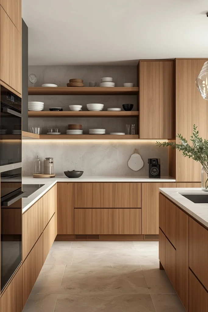 Open shelves display decor while closed cabinets hide kitchen clutter.