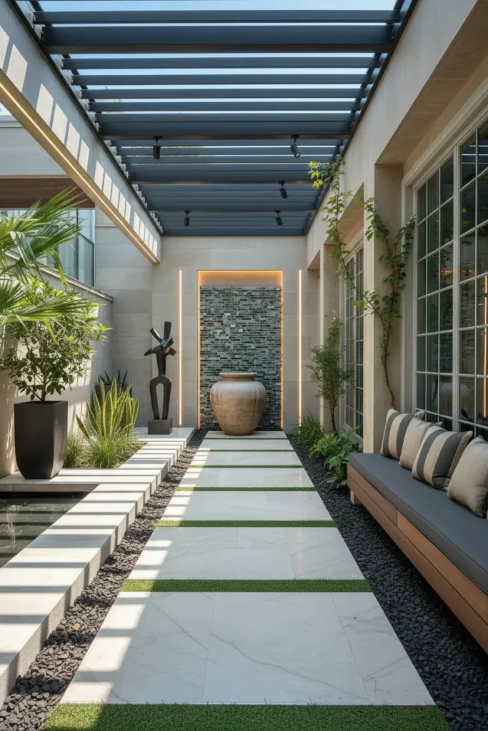 Bronze stone sculpture placed as statement art on modern terrace