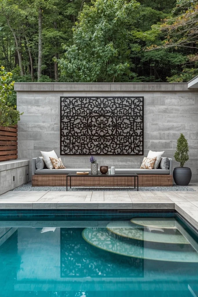 Large metal wall art mounted on poolside fence