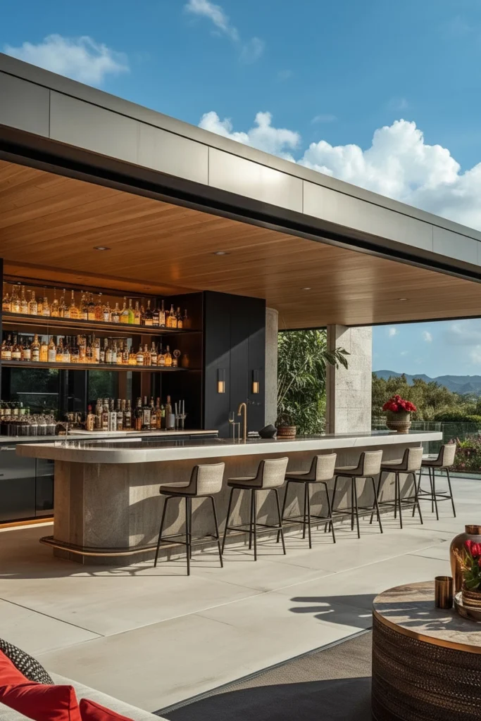 Outdoor bar counter built against a garden wall