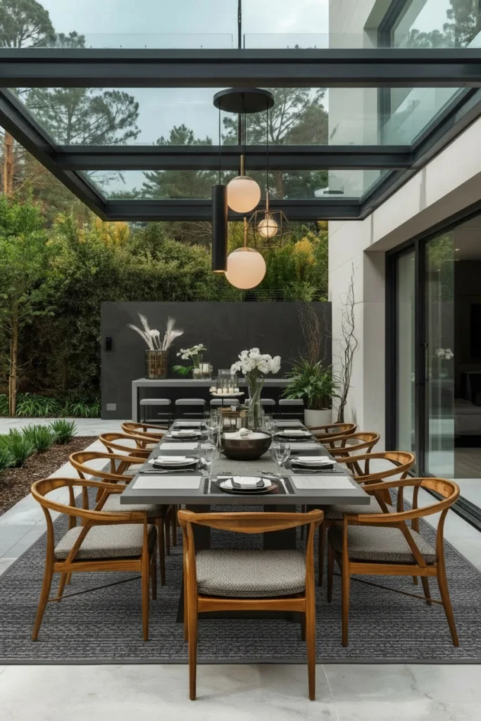 A styled outdoor dining area with lights feels inviting.