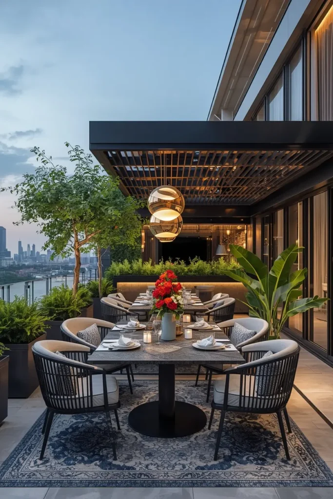 Full outdoor dining setup with sintered stone table on terrace