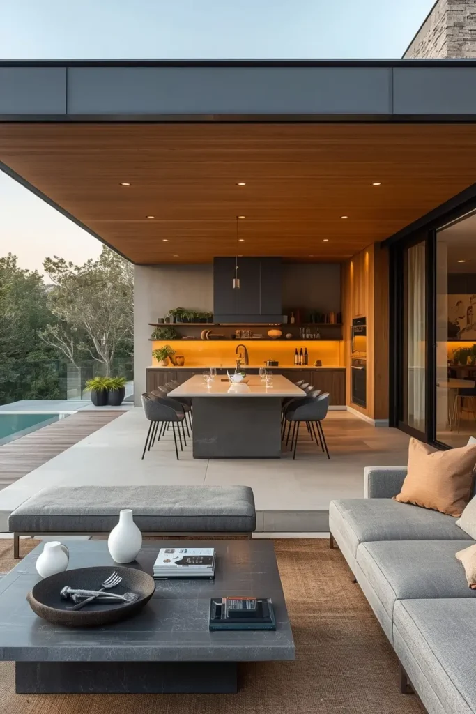 Sleek built-in outdoor kitchen with Dekton countertop on terrace