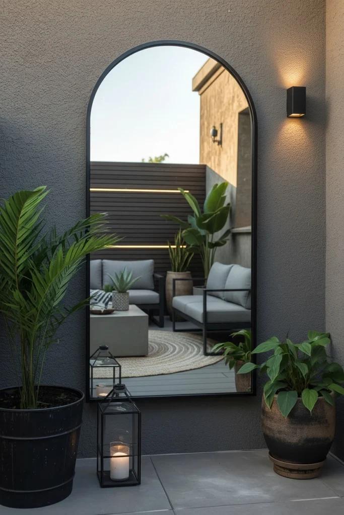 Arched iron mirror mounted on outdoor patio wall