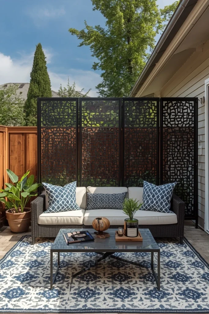 Steel privacy screen behind outdoor backyard seating area