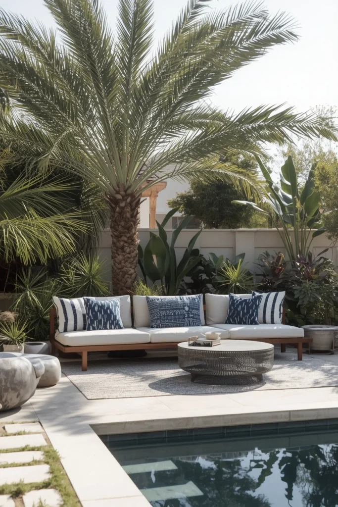 Colorful throw pillows and accent pieces on pool loungers