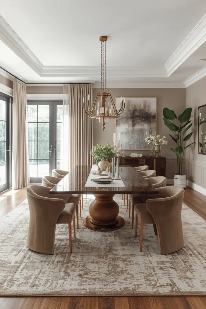 Large neutral rug under modern dining table