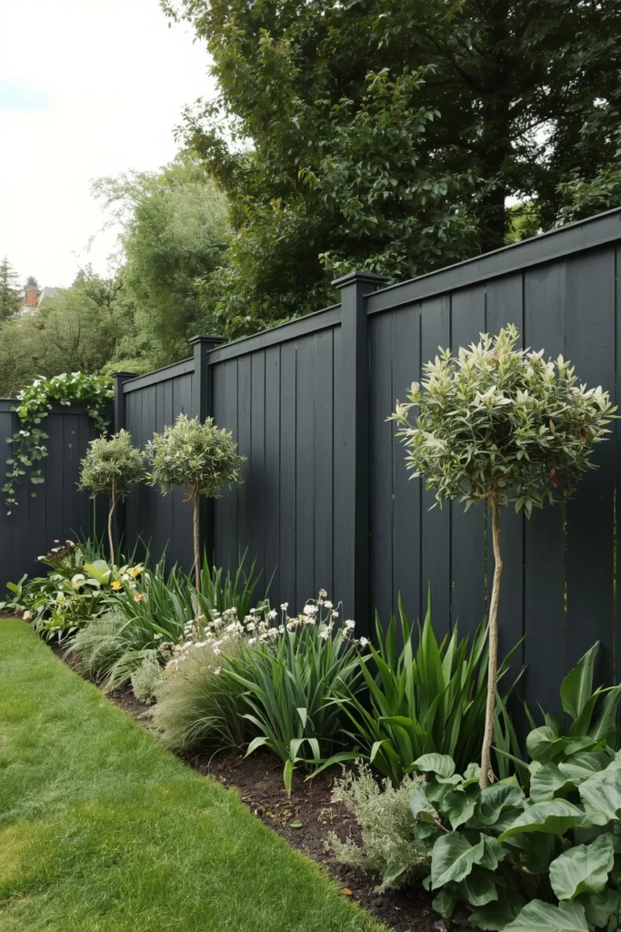 A dark painted fence makes garden plants stand out.