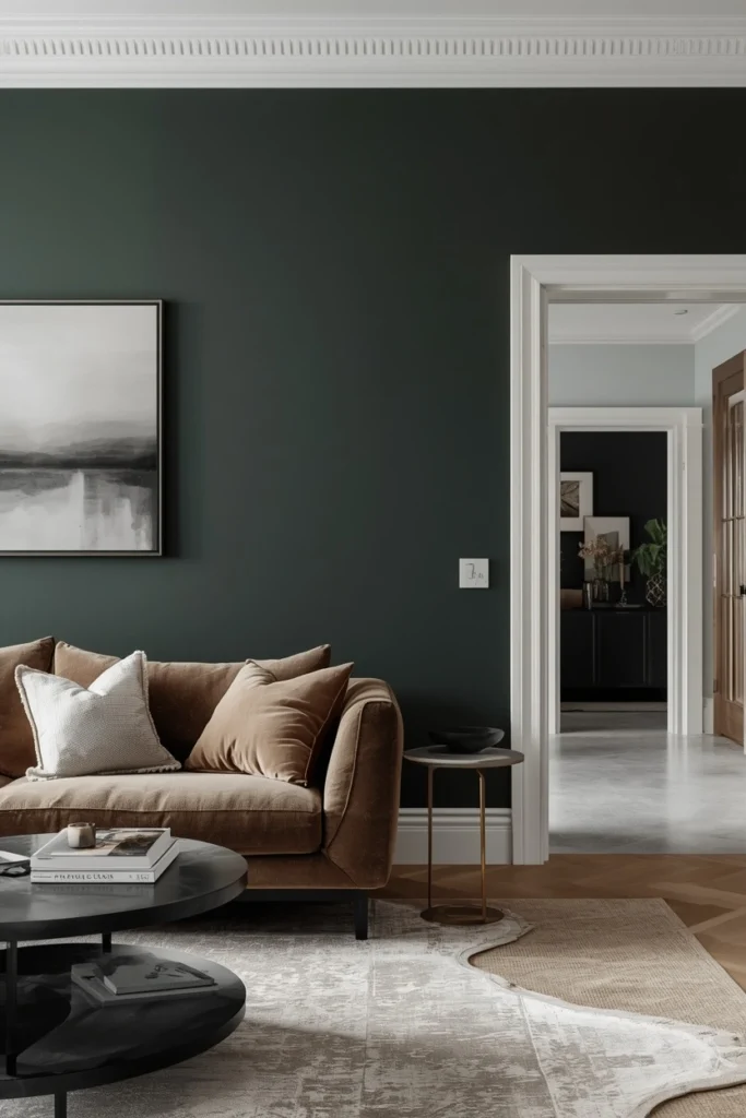 One dark green wall adds depth to a small room.