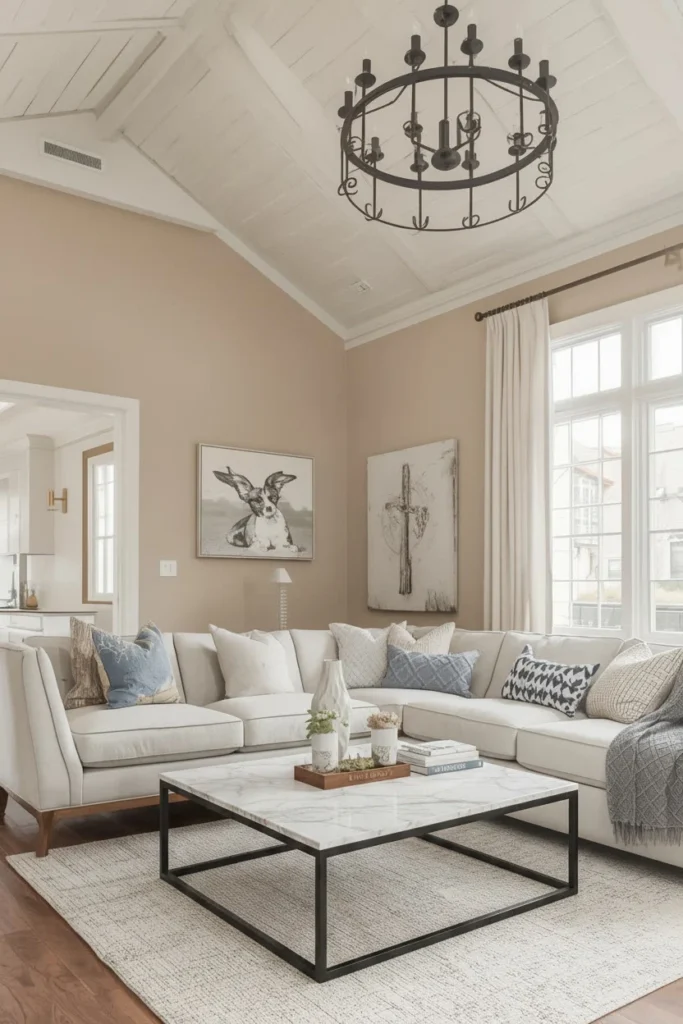 Limewash painted walls in warm farmhouse living room