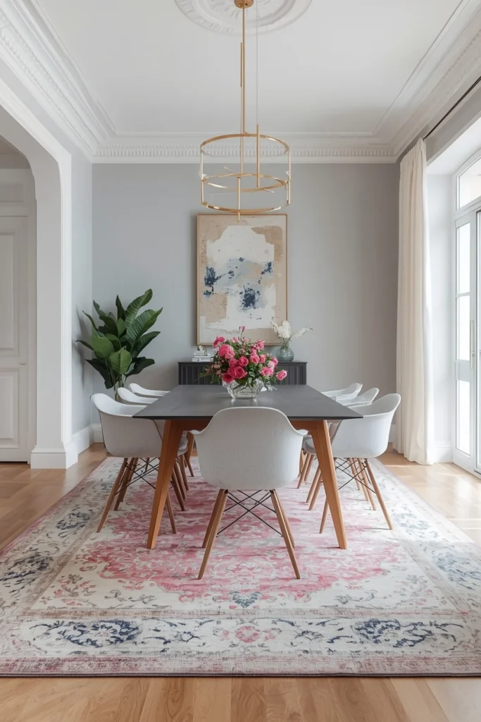Soft blush pastel rug with white walls dining room