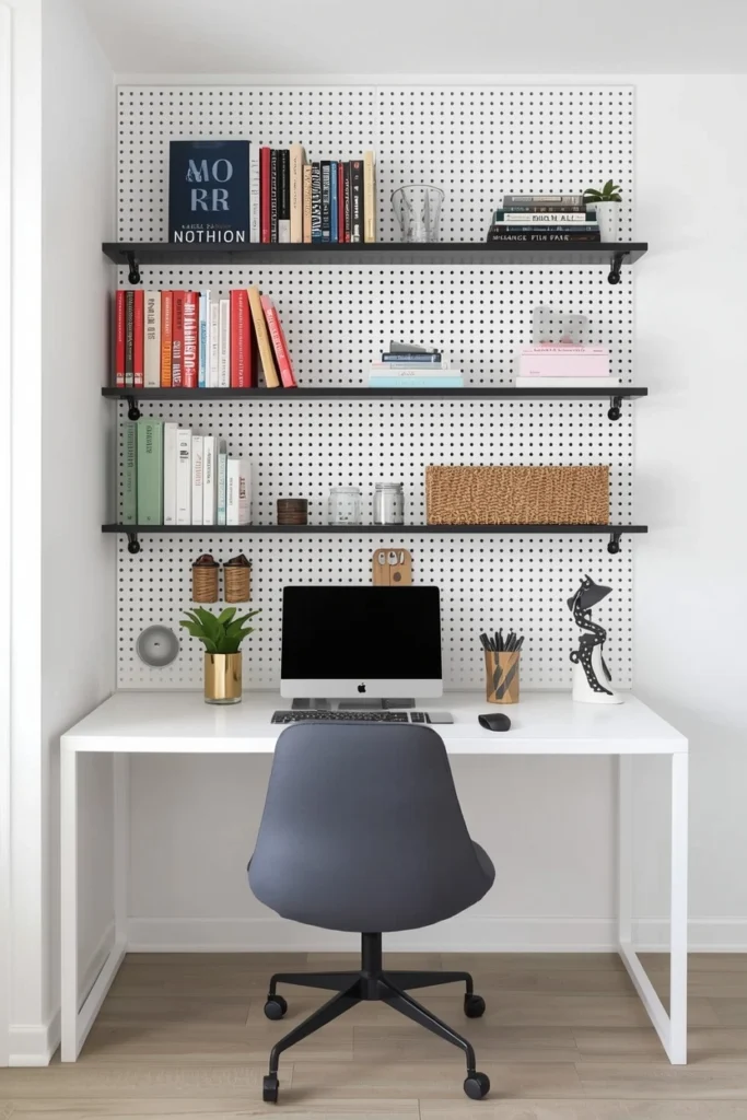 Pegboard panel with movable shelves mounted in home office.