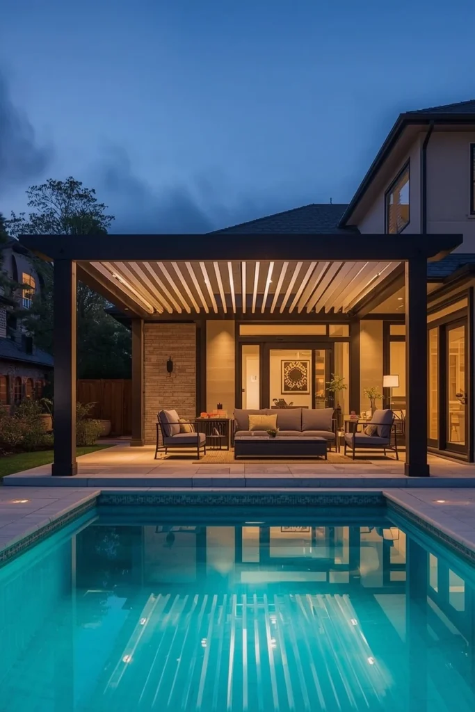 Modern aluminum pergola with louvered roof near pool