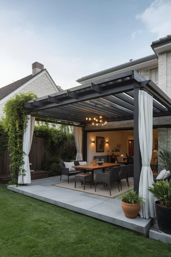 A  pergola with climbing plants creates a shaded retreat.